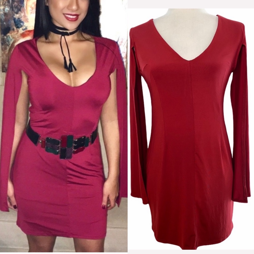 Stylish Cape bodycon Dress burgundy